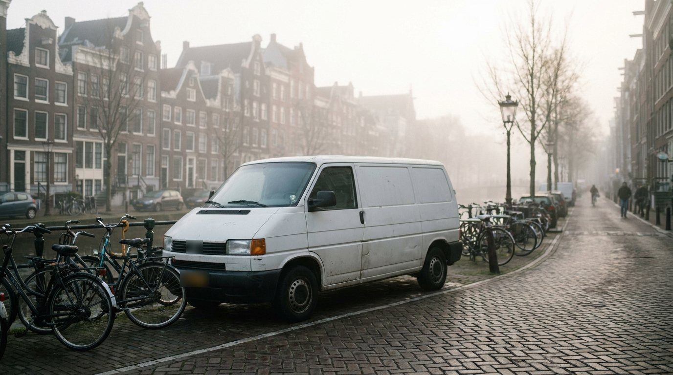Servicebus aan een Amsterdamse gracht