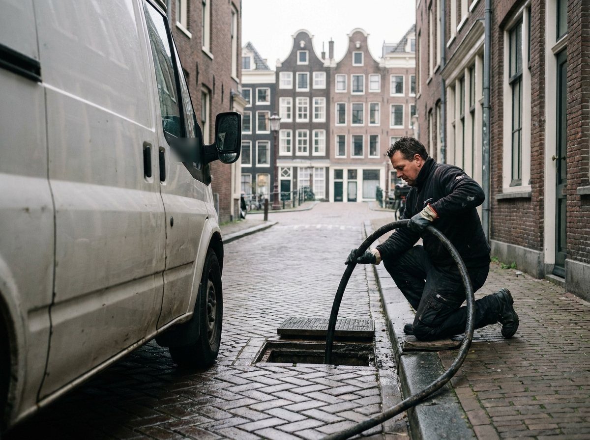 Riool doorspuiten met de hogedrukspuit in een Amsterdamse straat